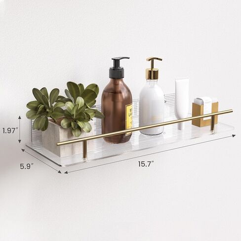 upsimples Bathroom Floating Shelves for Wall Storage, Clear Acrylic Shelves with Gold Metal Guardrail, Wall Shelves Organizer for Bedroom, Living Room, Picture Frames, 15.7" Hanging Shelves Set of 3 in Saudi Arabia