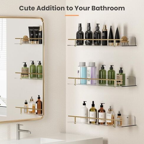 upsimples Bathroom Floating Shelves for Wall Storage, Clear Acrylic Shelves with Gold Metal Guardrail, Wall Shelves Organizer for Bedroom, Living Room, Picture Frames, 15.7" Hanging Shelves Set of 3 in Saudi Arabia