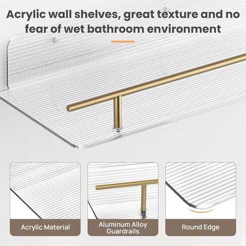 upsimples Bathroom Floating Shelves for Wall Storage, Clear Acrylic Shelves with Gold Metal Guardrail, Wall Shelves Organizer for Bedroom, Living Room, Picture Frames, 15.7" Hanging Shelves Set of 3 in Saudi Arabia