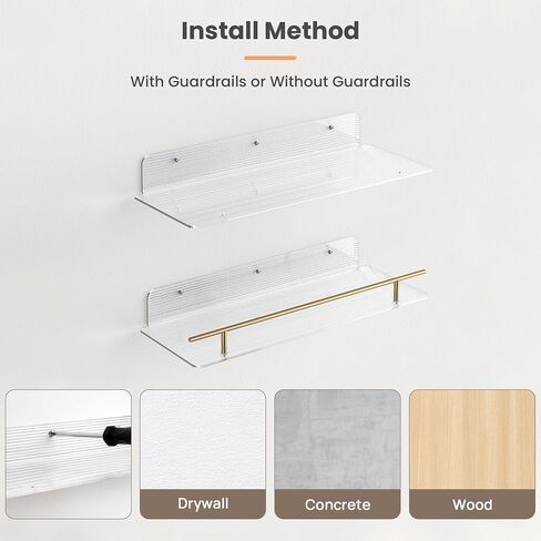 upsimples Bathroom Floating Shelves for Wall Storage, Clear Acrylic Shelves with Gold Metal Guardrail, Wall Shelves Organizer for Bedroom, Living Room, Picture Frames, 15.7" Hanging Shelves Set of 3 in Saudi Arabia