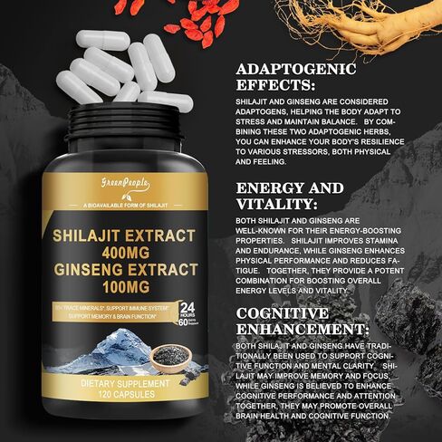 شيلاجيت 400 ملغ مع الجينسنغ، كبسولات ذات فعالية قصوى 120 عدد مع حمض الفولفيك والمعادن النزرة لتعزيز الطاقة ودعم المناعة للرجال والنساء أفضل من راتنج الشيلاجيت in Kuwait