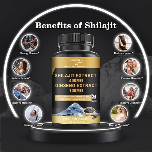 شيلاجيت 400 ملغ مع الجينسنغ، كبسولات ذات فعالية قصوى 120 عدد مع حمض الفولفيك والمعادن النزرة لتعزيز الطاقة ودعم المناعة للرجال والنساء أفضل من راتنج الشيلاجيت in Kuwait