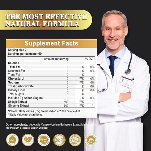 شيلاجيت 400 ملغ مع الجينسنغ، كبسولات ذات فعالية قصوى 120 عدد مع حمض الفولفيك والمعادن النزرة لتعزيز الطاقة ودعم المناعة للرجال والنساء أفضل من راتنج الشيلاجيت in Kuwait