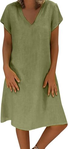 Fronage Women's Cotton Linen Midi Dress V Neck Short Sleeve Causal Loose Tshirt Dresses Summer in Saudi Arabia