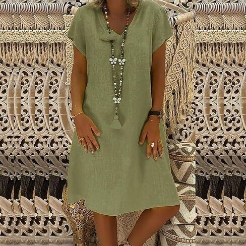 Fronage Women's Cotton Linen Midi Dress V Neck Short Sleeve Causal Loose Tshirt Dresses Summer in Saudi Arabia