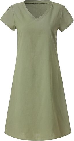 Fronage Women's Cotton Linen Midi Dress V Neck Short Sleeve Causal Loose Tshirt Dresses Summer in Saudi Arabia