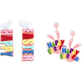 2 to 6 Pairs Easter Earrings Set Colorful Easter Eggs Rabbit Flower Chicken Wooden Drop Earrings Glitter Bunny Gnome Animals Acrylic Dangle Earrings for Women Girls Holiday Jewelry Gifts