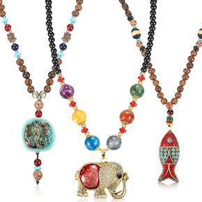 3 Pcs Boho Long Pendant Necklaces for Women Boho Long Wooden Beaded Necklace Handmade Turquoise Fish Elephant Necklace Boho Jewelry with Storage Bag for Women Girls
