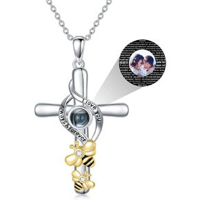Dorunmo I Love You Necklace 100 Languages Custom Photo Necklace Projection Necklace 925 Sterling Silver Cross Pendant Necklace for Women Girls