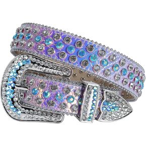 Rhinestone Belt for Men Women, Holographic Belt Western Leather Sparkle Cowgirl Cowboy Shining Diamond Studded Belt for Jeans