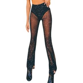 Rave Outfits for Women Sexy Mesh Sheer Flared Bell Bottom Pants for Disco Dance Festival Clubwear