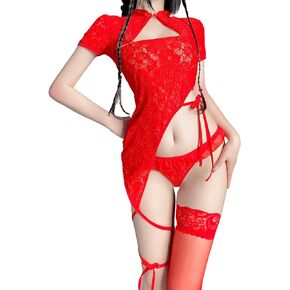 SINMIUANIME Sexy Womens Qipao Dress Cheongsam Lingerie Set Anime Cosplay Sleepwear With The Same Socks