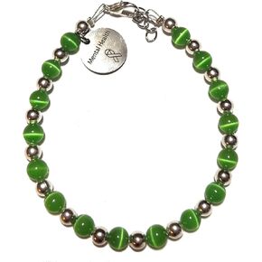 Mental Health, Depression Awareness Charm, Beaded Bracelet, 7.75 Inches, Green Color Cat's Eye Beads, Stretch or Wire & Clasp Versions, Handbeaded in the USA