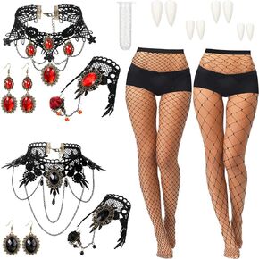 Vicenpal 13 Pieces Halloween Vampire Accessories Set Gothic Jewelry Choker Lace Necklace with Bracelet and Earrings Women High Waist Tights Fishnet Stockings 4 Fangs for Girls, black, red, white