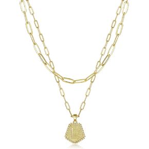 SAVORI Layered Initial Necklaces for Women, 14K Gold Plated Dainty Layering Paperclip Chain Necklace Cute Pentagon Letter Pendant Choker Necklace for Women Jewelry Gifts