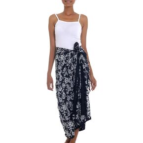NOVICA Artisan Handmade Rayon Batik Sarong Black White with Floral Motifs Clothing Patterned Indonesia 'Tropical Garden in Black'