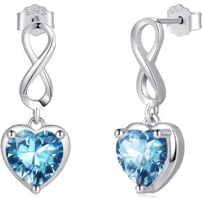 Birthstone Infinity Stud Earrings - Shysnow 925 Sterling Silver Heart Shaped Cubic Zirconia Dangle Studs Infinite Symbol Birth Gem Stone Jewelry for Women Girls Daughter Birthday Christmas Gifts