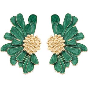 Green Flower Petal Stud Earrings for Women Boho Vintage Enamel Earrings Jewelry for Girls