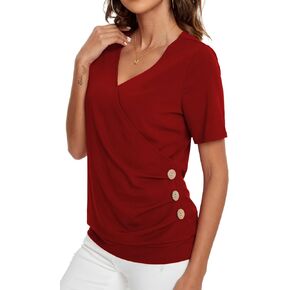 WEIYAN Women's V Neck Wrap Tops Summer T-Shirt Short Sleeve Loose Side Ruched Tunic Blouses