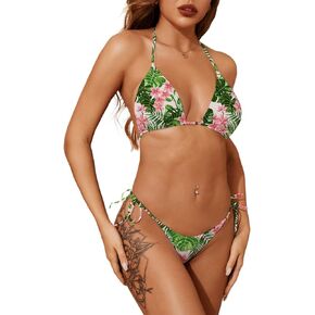Dadress Women's Floral Print Halter Bikini Sets String Swimsuit Sliding Triangle Bathing Suit 2 Piece Brazilian Sexy Bikinis