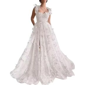Stanjiehu Women's 3D Butterfly Tulle Prom Dress Lace Applique Sweetheart Long Slit Formal Evening Gown