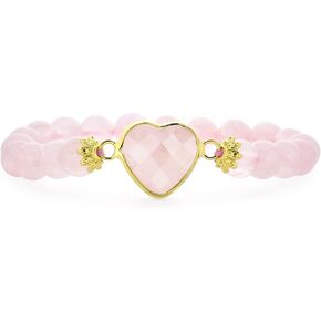 Bling Jewelry Romantic Handmade Faceted Large Center Heart Charm Natural Semi Precious Pale Pink Rose Quartz Stone With Round 8MM Ball Bead Gemstone Stacking Stretch Bracelet For Women Teen