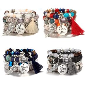 4 Sets Bohemian Bead Bracelets Multilayer Stretch Stackable Bracelets Tassel Wing Hassam Hand Evil Eye Love Heart Statement Boho Bracelets Elastic Beaded Jewelry Sets for Women Girls