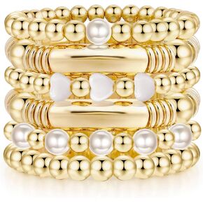 Sundurich Gold Beaded Bracelets for Women Baroque Pearl Stackable Stretch Bead Ball Bracelet Gold Bangles Stretchable Bracelets Jewelry