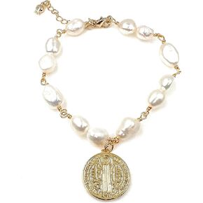 LESLIE BOULES San Benito 18K Gold Plated Medal Baroque Pearl Bracelet for Women Fashion Jewelry