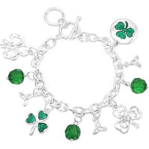 Rosemarie & Jubalee Women's Stunning Green Shamrock Silver Tone St Patrick's Day Good Luck Clover Charms Bracelet