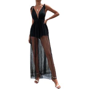 WDIRARA Women's Deep V Neck Tie Shoulder Romper Backless Sexy Party Jumpsuit with Mesh Sheer Skirt