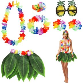 Coloch 7 Pcs Hawaiian Leaf Hula Skirt Set for Women, Luau Costume Accessory Kit Set with Pineapple Sunglasses, Hair Clip, Necklace, Hairband, Wristband for Hawaii Luau Party, Tropical Themed Events