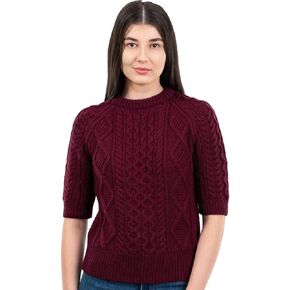 Traditional Irish Sweater for Ladies Short Sleeve Cable Knit - 100% Merino Wool
