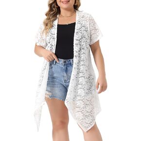 Agnes Orinda Plus Size Cardigan for Women Lace Crochet Short Sleeves 2024 Sheer Cover Up Jacket