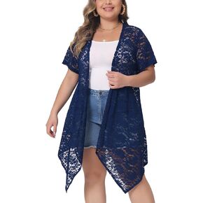 Agnes Orinda Plus Size Cardigan for Women Lace Crochet Short Sleeves 2024 Sheer Cover Up Jacket