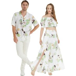 Matchable Couple Hawaiian Luau Shirt Smock Top Wide Legged Pants in Pineapple Garden White