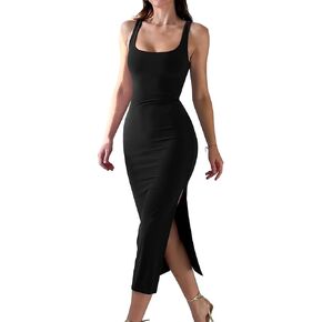LAGSHIAN Women's Summer Bodycon Tank Dress Sexy Sleeveless Side Slit Midi Dresses