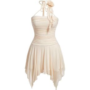 Floerns Women's Ruched Asymmetrical Hem Criss Cross Halter Neck Floral Party Dress