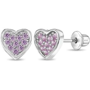 925 Sterling Silver Pave Heart Cubic Zirconia Girl's Earrings with Locking Screw Backs - 7mm Sparkly Earrings for Babies, Toddlers, Young Girls & Pre Teens - Perfect Jewelry for All Occasions
