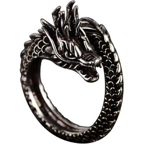 Unisex Vintage Silver Dragon Carved Surface Adjustable One Size Opening Ring