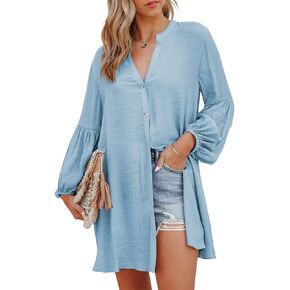Astylish Womens Sexy V Neck Cover Up Long Sleeve Button Down Shirts Dresses in Kuwait