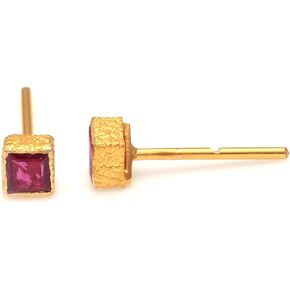 18k Gold Textured Birthstone Emerald/Ruby Stud Earrings With Bezzel Setting | Push Back Gold Stud Earring | Fine Jewelery For Women