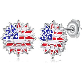 4th of July Patriotic Earrings for Women 925 Sterling Silver American Flag Earrings Red White And Blue Sunflower Stud Earrings Independence Day Patriots Gifts
