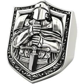 Knight Templar Ring, Crusader Shield Ring for Men, Medieval Knight Sword Shield Ring Punk Cross Helmet Warrior Ring Knights Templar Jewelry, Hip Hop Crusader Sword Ring for Boys