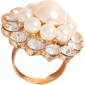 Dtja Rhinestone Pearl Flower Statement Wedding Ring for Women Girls Vintage CZ Crystal Faux Pearls Cluster Adjustable Open Wrap Rings Christmas Birthday Cocktail Party Jewelry Gift Gold Plated