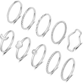 10PCS Stacking Rings for Women Girls 14K Gold Filled Moon Wave Love Heart Stackable Thumb Ring Bands Plain Thin Knuckle Gold Ring Set