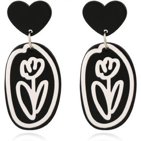MIGUO STORE Unique Acrylic Geometric Black White Contrast Flower Love Stud Earrings Punk Exaggerated Personality flower Drop Dangle Earrings For Women Girls
