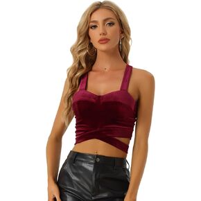 Allegra K Velvet Cami Tank Tops for Women's Christmas Sleeveless Spaghetti Strap Deep V Sexy Crop Top