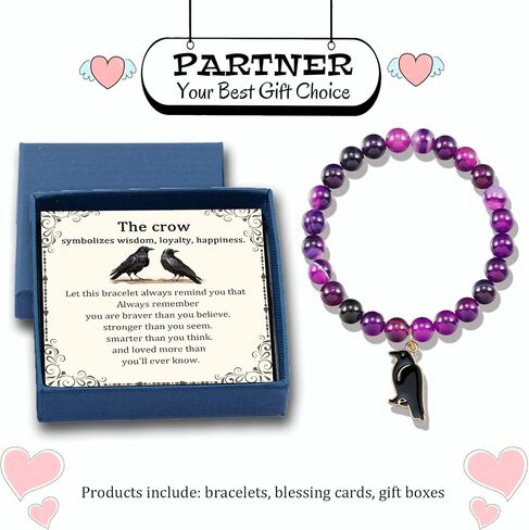 PARTNER Charm Raven Jewelry for Women Raven Pendant Viking Bracelet for Men Crow Gifts for Girl Six of Crows Merch Inspirational Viking Jewelry for Crow Lovers Natural Stone Beaded Bird Bracelets for Christmas in Saudi Arabia
