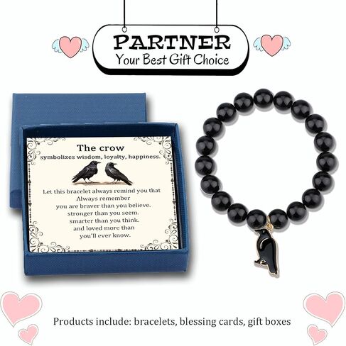 PARTNER Charm Raven Jewelry for Women Raven Pendant Viking Bracelet for Men Crow Gifts for Girl Six of Crows Merch Inspirational Viking Jewelry for Crow Lovers Natural Stone Beaded Bird Bracelets for Christmas in Saudi Arabia